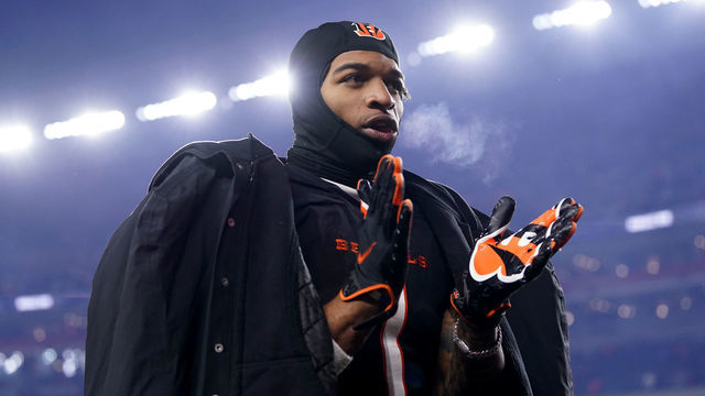 CINCINNATI, OHIO - JANUARY 15: Ja'Marr Chase #1 of the Cincinnati Bengals celebrates as he walks off the field after defeating the Baltimore Ravens in the AFC Wild Card playoff game at Paycor Stadium on January 15, 2023 in Cincinnati, Ohio. The Cincinnati Bengals defeated the Baltimore Ravens with a score of 24 to 17.