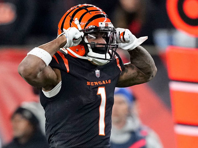 CINCINNATI, OHIO - JANUARY 15: Ja'Marr Chase #1 of the Cincinnati Bengals reacts after a play against the Baltimore Ravens during the first half in the AFC Wild Card playoff game at Paycor Stadium on January 15, 2023 in Cincinnati, Ohio.