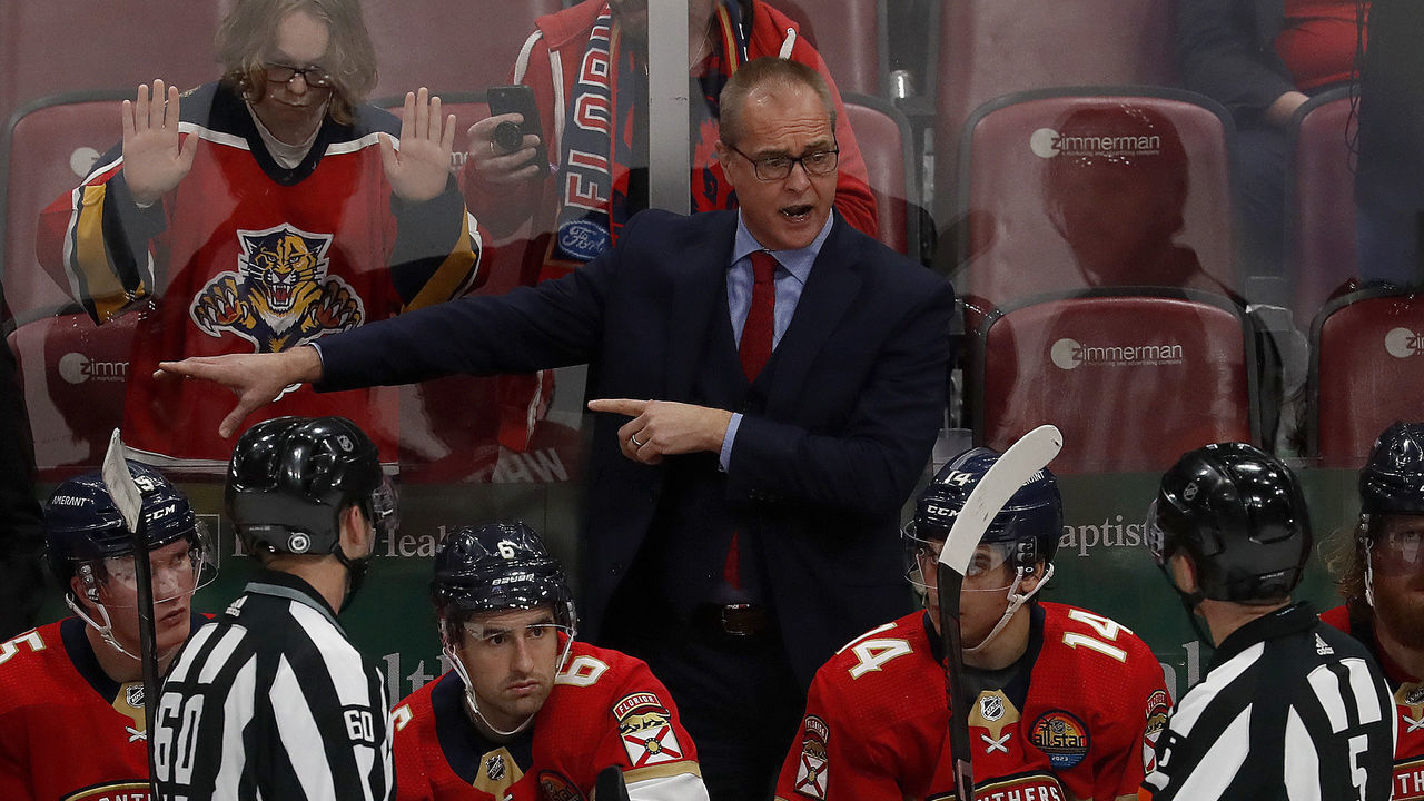 SUNRISE, FLORIDA - DECEMBER 21: Florida Panthers Head Coach Paul Maurice exchanges a few words with on ice officials in the third period against the New Jersey Devils at the FLA Live Arena on December 21, 2022 in Sunrise, Florida.