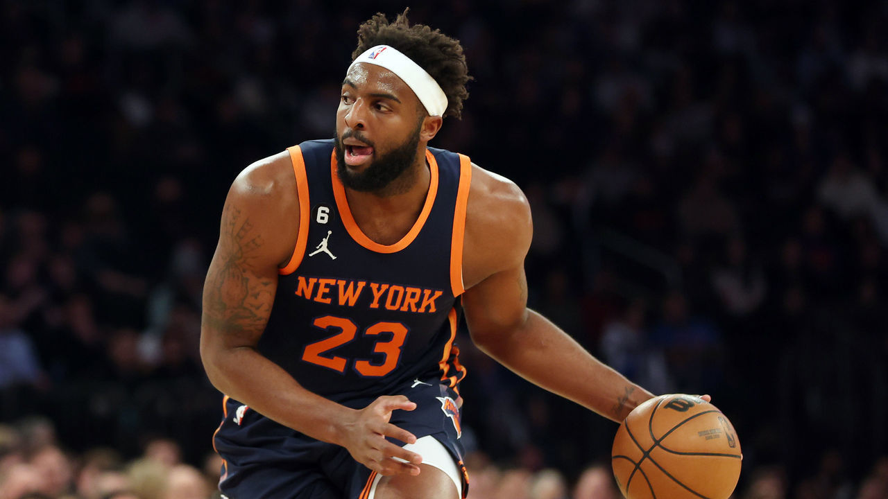 NEW YORK, NEW YORK - JANUARY 09: Mitchell Robinson #23 of the New York Knicks dribbles during the first half against the Milwaukee Bucks at Madison Square Garden on January 09, 2023 in New York City. NOTE TO USER: User expressly acknowledges and agrees that, by downloading and/or using this photograph, User is consenting to the terms and conditions of the Getty Images License Agreement.
