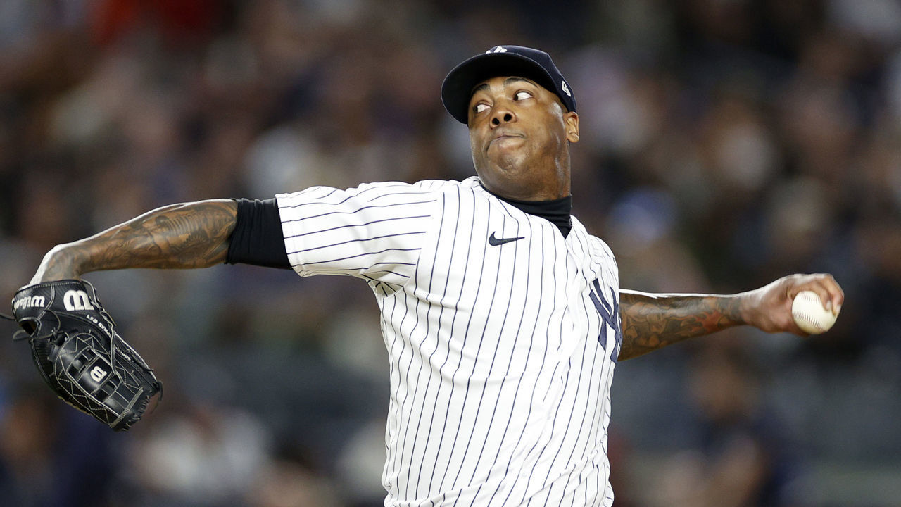 NEW YORK, NEW YORK - SEPTEMBER 22: Aroldis Chapman #54 of the New York Yankees pitches during the eighth inning against the Boston Red Sox at Yankee Stadium on September 22, 2022 in the Bronx borough of New York City.