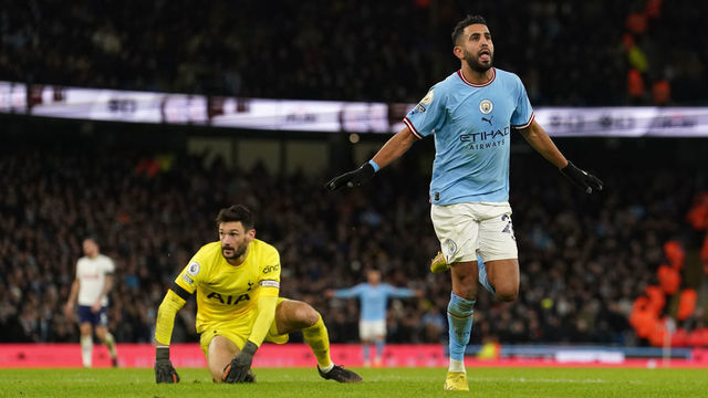 Manchester City's Riyad Mahrez celebrates scoring their side's fourth goal of the game during the Premier League match at the Etihad Stadium, Manchester. Picture date: Thursday January 19, 2023.