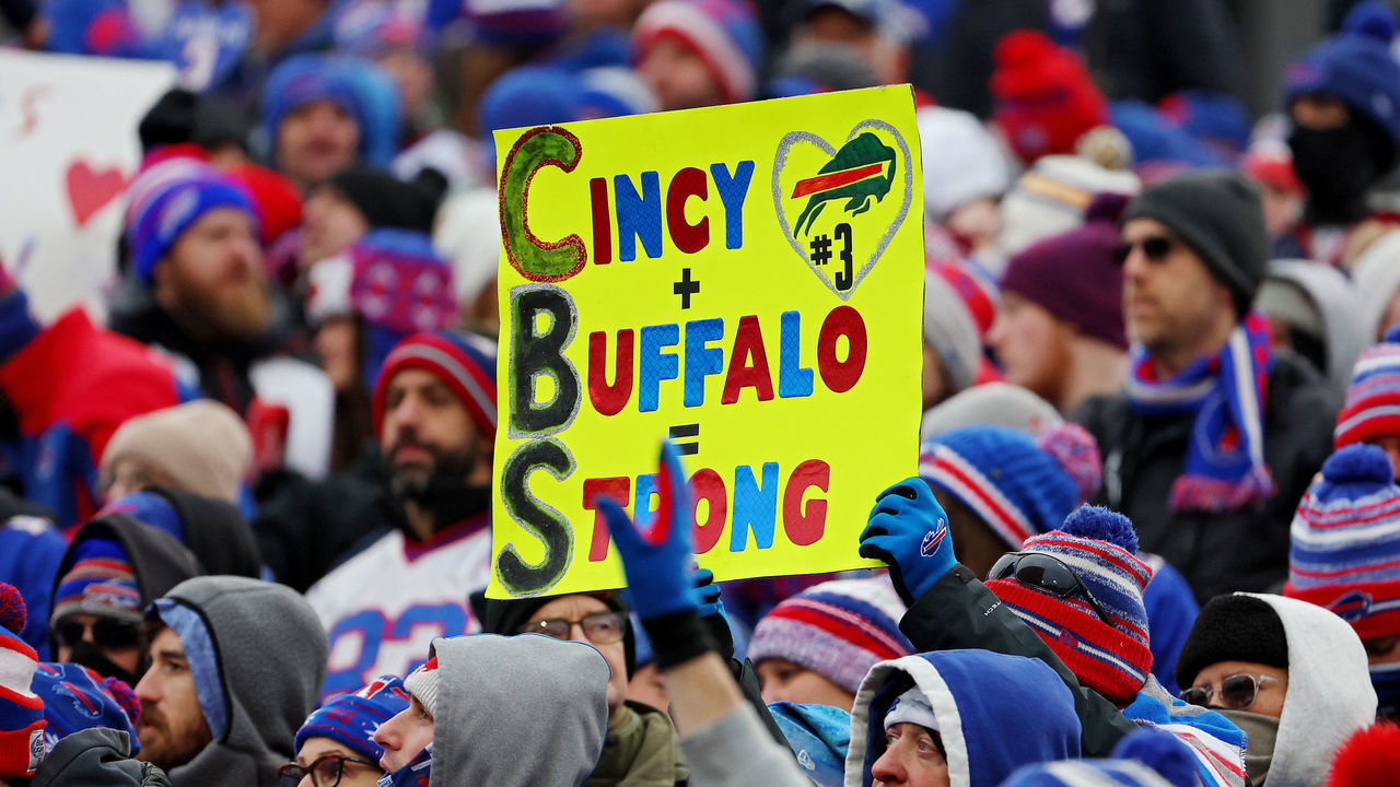 ORCHARD PARK, NEW YORK - JANUARY 08: Buffalo Bills fans hold signs in support of Buffalo Bills safety Damar Hamlin during a game against the New England Patriots at Highmark Stadium on January 08, 2023 in Orchard Park, New York. Hamlin suffered cardiac arrest during the Bills' Monday Night Football game against the Cincinnati Bengals and remains in intensive care.