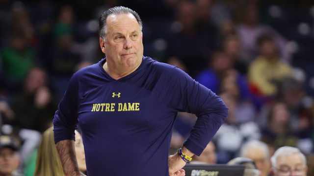SOUTH BEND, INDIANA - DECEMBER 27: Head coach Mike Brey of the Notre Dame Fighting Irish reacts against the Jacksonville Dolphins during the second half at Purcell Pavilion at the Joyce Center on December 27, 2022 in South Bend, Indiana.
