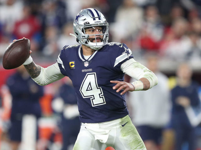 TAMPA, FL - JANUARY 16: Dallas Cowboys quarterback Dak Prescott (4) throws a pass during the NFC Wild Card Playoff game between the Dallas Cowboys and the Tampa Bay Buccaneers on January 16, 2023 at Raymond James Stadium in Tampa, Florida.