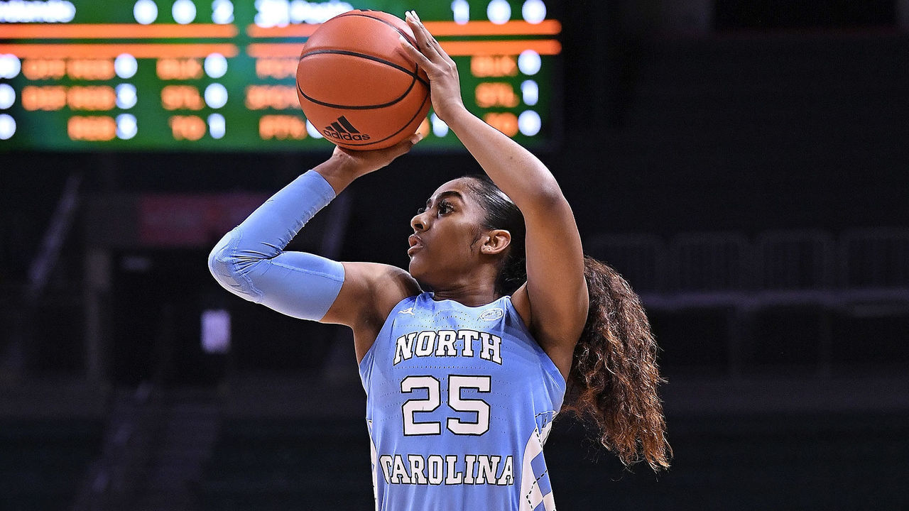 CORAL GABLES, FL - JAN 05: North Carolina guard Deja Kelly (25) shoots a jump shot in the first quarter as the Miami Hurricanes faced the North Carolina Tarheels on January 5, 2023, at the Watsco Center in Coral Gables, Florida.