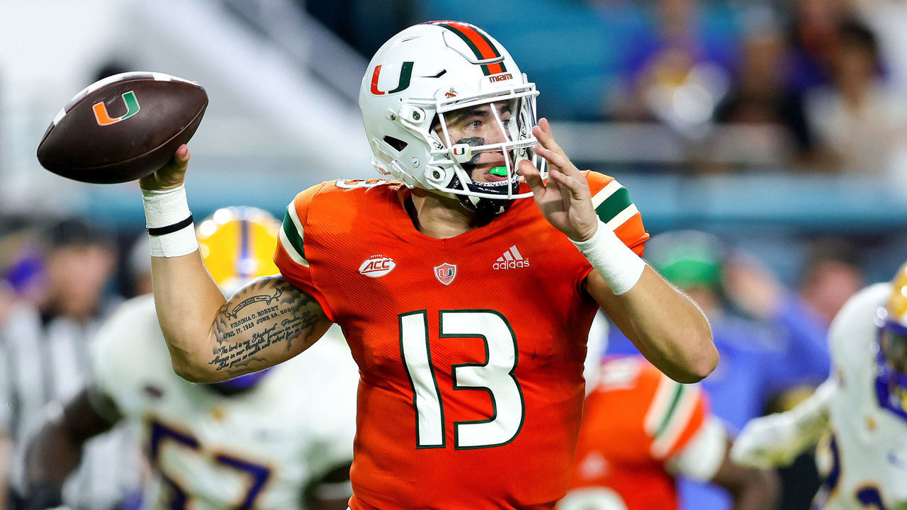 MIAMI GARDENS, FLORIDA - NOVEMBER 26: Jake Garcia #13 of the Miami Hurricanes throws a pass against the Pittsburgh Panthers during the first half at Hard Rock Stadium on November 26, 2022 in Miami Gardens, Florida.