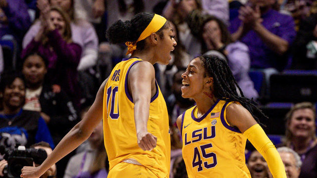 BATON ROUGE, LA - JANUARY 15: LSU Lady Tigers guard Alexis Morris (45) and forward Angel Reese (10) reacts to a ally against the Auburn Tigers during the second half at the game between the LSU Lady Tigers and the Auburn Tigers on January 15, 2023 at the Pete Maravich Assembly Center in Baton Rouge, LA.