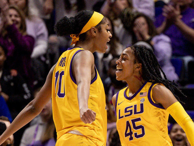 BATON ROUGE, LA - JANUARY 15: LSU Lady Tigers guard Alexis Morris (45) and forward Angel Reese (10) reacts to a ally against the Auburn Tigers during the second half at the game between the LSU Lady Tigers and the Auburn Tigers on January 15, 2023 at the Pete Maravich Assembly Center in Baton Rouge, LA.