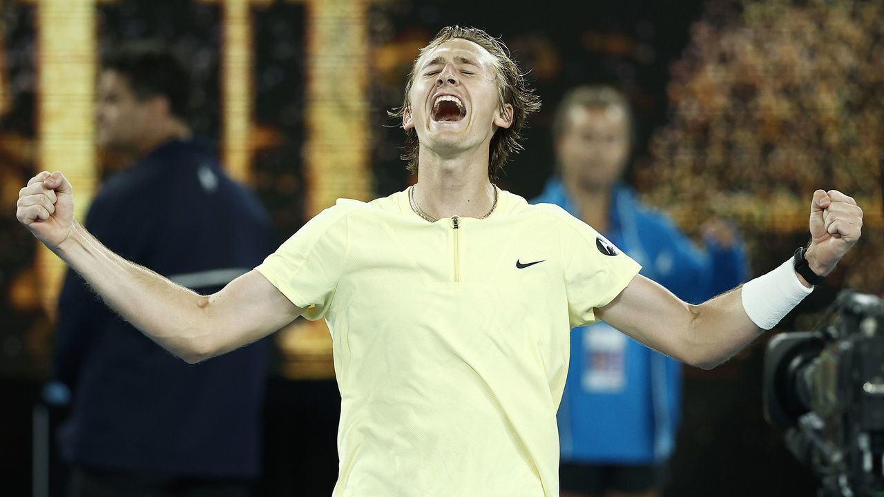 MELBOURNE, AUSTRALIA - JANUARY 20: Sebastian Korda of the United States celebrates after winning match point during the third round singles match against Daniil Medvedev during day five of the 2023 Australian Open at Melbourne Park on January 20, 2023 in Melbourne, Australia.