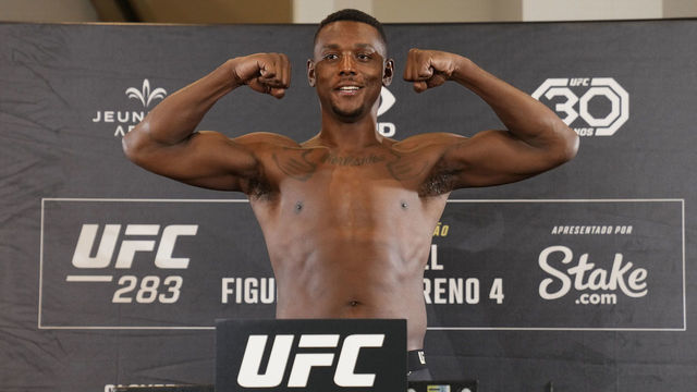 RIO DE JANEIRO, BRAZIL - JANUARY 20: Jamahal Hill poses on the scale during the UFC 283 official weigh-in at the Windsor Marapendi Hotel on January 20, 2023 in Rio de Janeiro, Brazil.