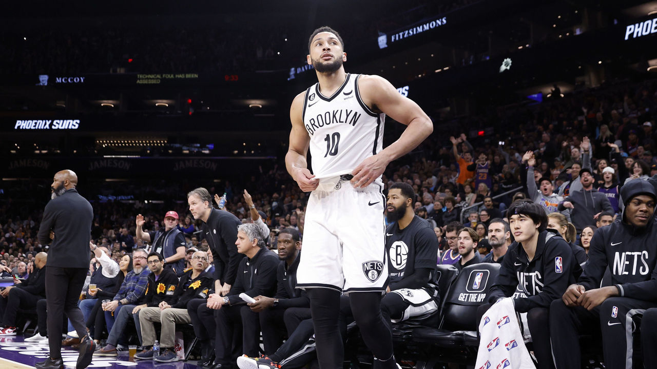 PHOENIX, ARIZONA - JANUARY 19: Ben Simmons #10 of the Brooklyn Nets walks off the bench after being ejected during the second half against the Phoenix Suns at Footprint Center on January 19, 2023 in Phoenix, Arizona. NOTE TO USER: User expressly acknowledges and agrees that, by downloading and or using this photograph, User is consenting to the terms and conditions of the Getty Images License Agreement.