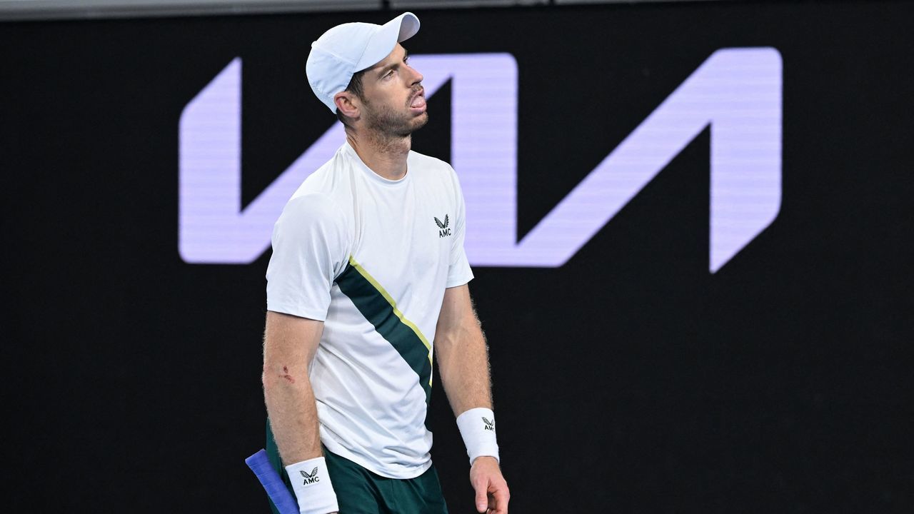 Britain's Andy Murray reacts after a point against Australia's Thanasi Kokkinakis during their men's singles match on day four of the Australian Open tennis tournament in Melbourne on January 20, 2023. - -- IMAGE RESTRICTED TO EDITORIAL USE - STRICTLY NO COMMERCIAL USE --