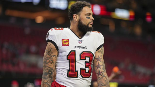 ATLANTA, GA - JANUARY 08: Mike Evans #13 of the Tampa Bay Buccaneers warms up against the Atlanta Falcons at Mercedes-Benz Stadium on January 8, 2023 in Atlanta, Georgia.