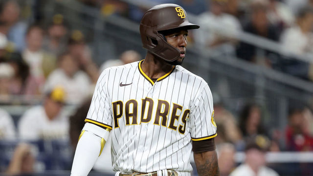 SAN DIEGO, CALIFORNIA - OCTOBER 18: Jurickson Profar #10 of the San Diego Padres strikes out looking during the sixth inning against the Philadelphia Phillies in game one of the National League Championship Series at PETCO Park on October 18, 2022 in San Diego, California.