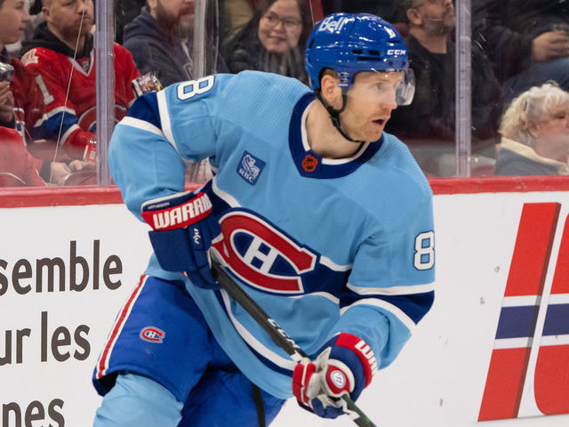 MONTREAL, QC - JANUARY 19: Mike Matheson (8) of the Montreal Canadiens skates with the puck during the first period of the NHL game between the Florida Panthers and the Montreal Canadiens on January 19, 2023, at the Bell Centre in Montreal, QC