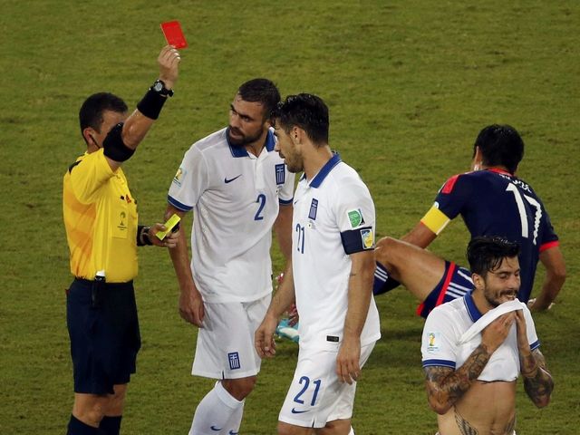 LIVE - Japan 0, Greece 0: Greece go down to 10-men after Kostas Katsouranis is shown red card (VIDEO)