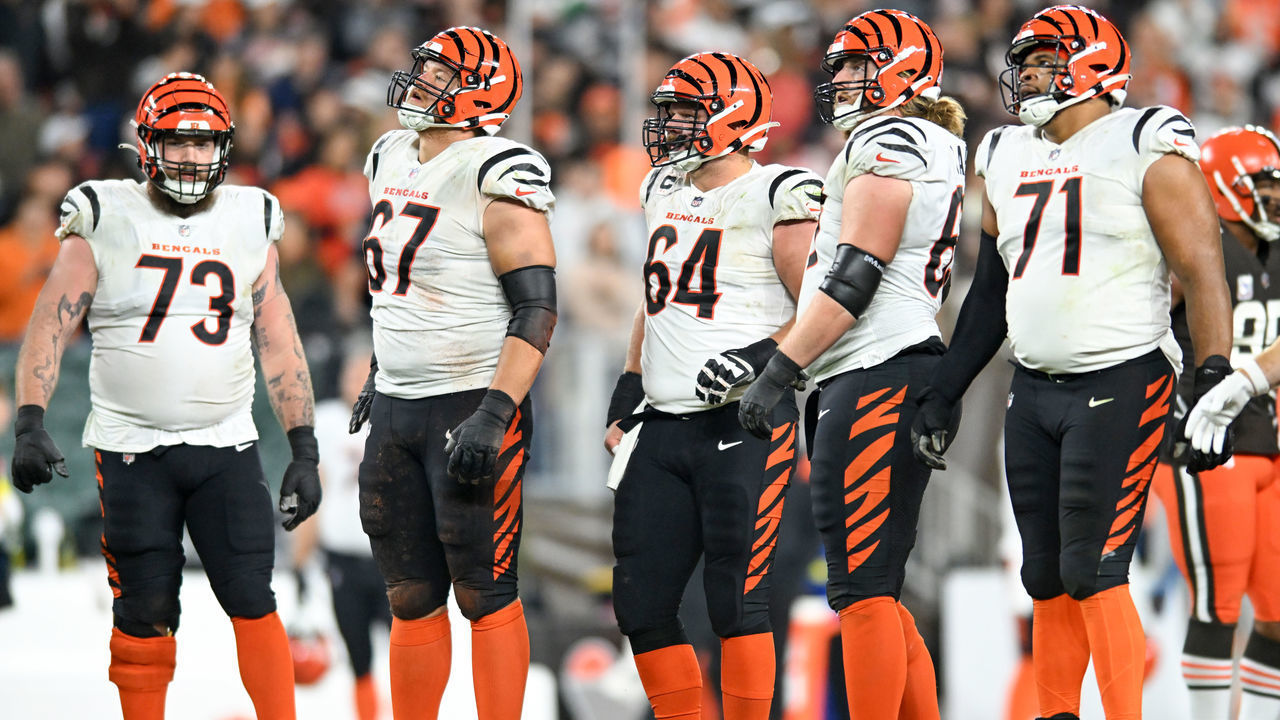 CLEVELAND, OHIO - OCTOBER 31: The Cincinnati Bengals offensive line looks on during the second half against the Cleveland Browns at FirstEnergy Stadium on October 31, 2022 in Cleveland, Ohio.