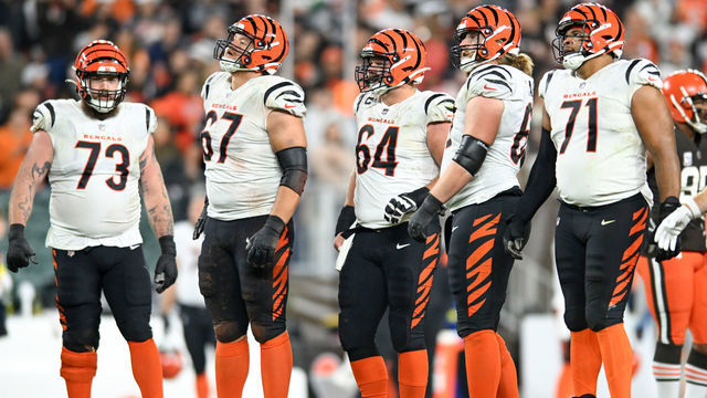 CLEVELAND, OHIO - OCTOBER 31: The Cincinnati Bengals offensive line looks on during the second half against the Cleveland Browns at FirstEnergy Stadium on October 31, 2022 in Cleveland, Ohio.