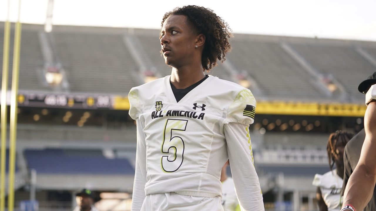 ORLANDO, FL - JANUARY 03: Team Speed quarterback Jaden Rashada (5) before the Under Armour Next All-America Football Gameon January 03, 2023, at Camping World Stadium in Orlando, FL.