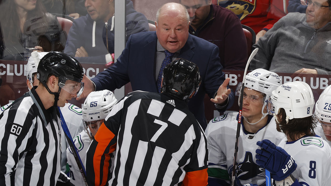 SUNRISE, FL - JANUARY 14: Head reacts as he talks to referee Garrett Rank #7 after a goal was disallowed during the third period of the game against the Florida Panthers at the FLA Live Arena on January 14, 2023 in Sunrise, Florida.