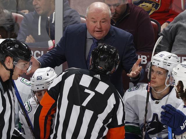 SUNRISE, FL - JANUARY 14: Head reacts as he talks to referee Garrett Rank #7 after a goal was disallowed during the third period of the game against the Florida Panthers at the FLA Live Arena on January 14, 2023 in Sunrise, Florida.
