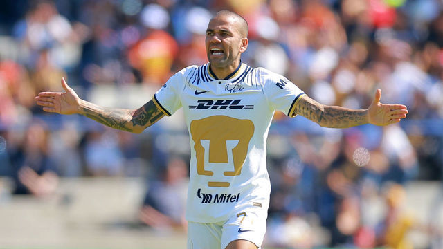 MEXICO CITY, MEXICO - JANUARY 08: Dani Alves of Pumas UNAM reacts during the 1st round match between Pumas UNAM and FC Juarez as part of the Torneo Clausura 2023 Liga MX at Olimpico Universitario Stadium on January 08, 2023 in Mexico City, Mexico.