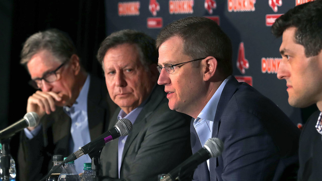 BOSTON, MA - JANUARY 15: (L-R) Red Sox principal owner John Henry, Chairman Tom Warner, President and CEO Sam Kennedy and Chief Baseball officer Chaim Bloom hold a press conference at Fenway Park in Boston following the Boston Red Sox's split with its manager, Alex Cora, on Jan. 15, 2020. Cora is at the center of a Houston Astros cheating scandal and is currently being investigated by the MLB.