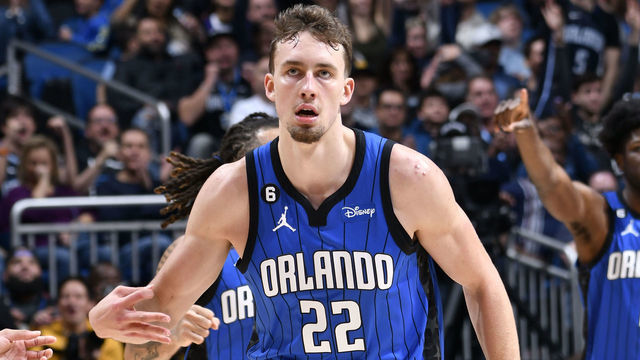 ORLANDO, FL - JANUARY 20: Franz Wagner #22 of the Orlando Magic celebrates a three point basket during the game against the New Orleans Pelicans on January 20, 2023 at Amway Center in Orlando, Florida. Mandatory Copyright Notice: Copyright 2023 NBAE