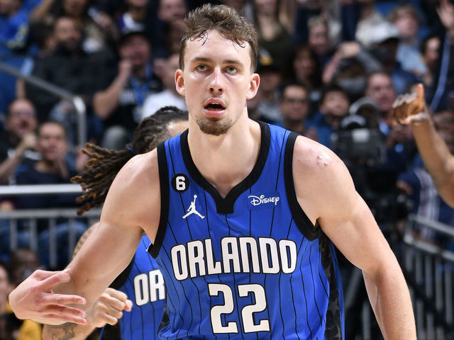 ORLANDO, FL - JANUARY 20: Franz Wagner #22 of the Orlando Magic celebrates a three point basket during the game against the New Orleans Pelicans on January 20, 2023 at Amway Center in Orlando, Florida. Mandatory Copyright Notice: Copyright 2023 NBAE