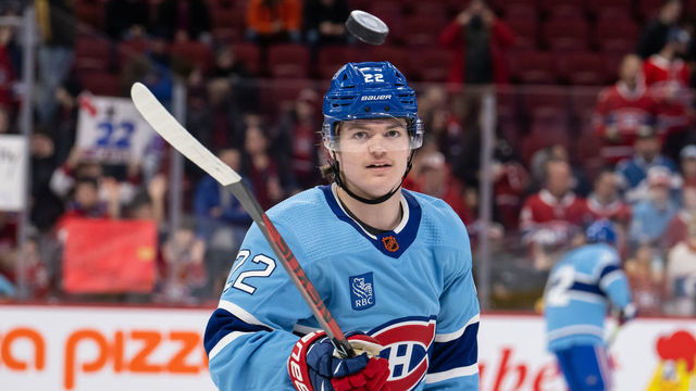 MONTREAL, QC - JANUARY 19: Cole Caufield (22) of the Montreal Canadiens bounces the puck on his stick during the warmup period of the NHL game between the Florida Panthers and the Montreal Canadiens on January 19, 2023, at the Bell Centre in Montreal, QC