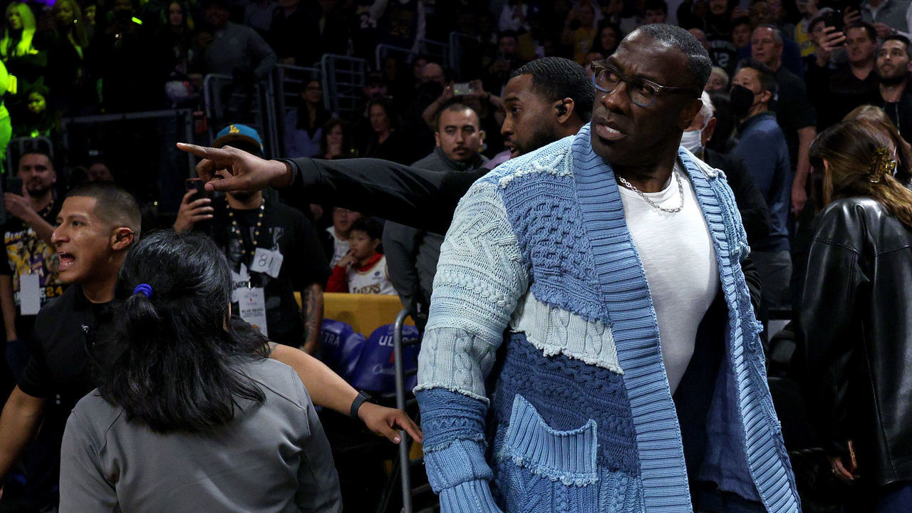LOS ANGELES, CALIFORNIA - JANUARY 20: Shannon Sharpe reacts after he is restrained by security from Ja Morant #12 of the Memphis Grizzlies after a verbal altercation after the first half against the Los Angeles Lakers at Crypto.com Arena on January 20, 2023 in Los Angeles, California. NOTE TO USER: User expressly acknowledges and agrees that, by downloading and/or using this photograph, user is consenting to the terms and conditions of the Getty Images License Agreement.