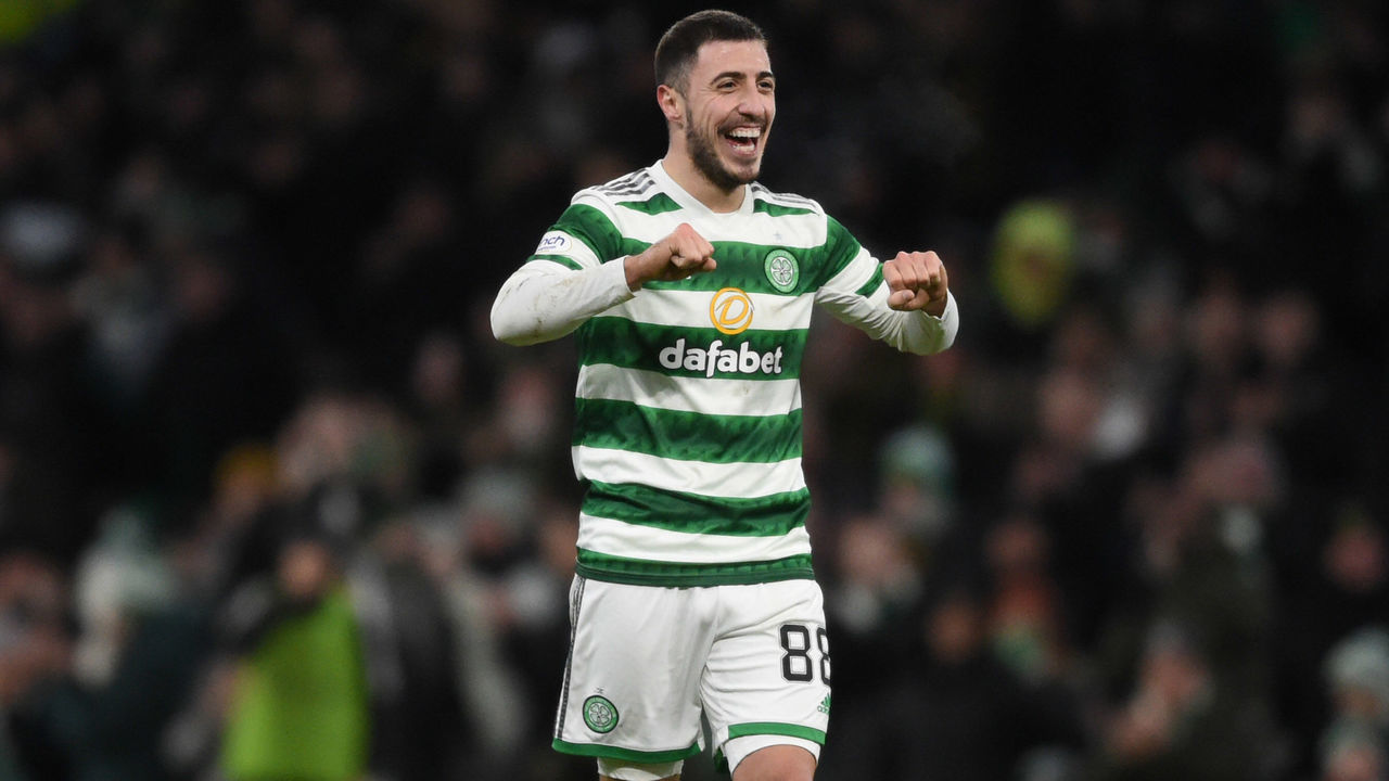 GLASGOW, SCOTLAND - JANUARY 18: Celtic's Josip Juranovic celebrates after David Turnbull made it 4-0 during a cinch Premiership match between Celtic and St Mirren at Celtic Park, on January 18, 2023, in Glasgow, Scotland.