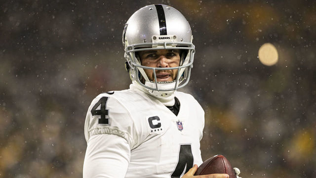 PITTSBURGH, PA - DECEMBER 24: Las Vegas Raiders quarterback Derek Carr (4) looks on during the national football league game between the Las Vegas Raiders and the Pittsburgh Steelers on December 24, 2022 at Acrisure Stadium in Pittsburgh, PA.