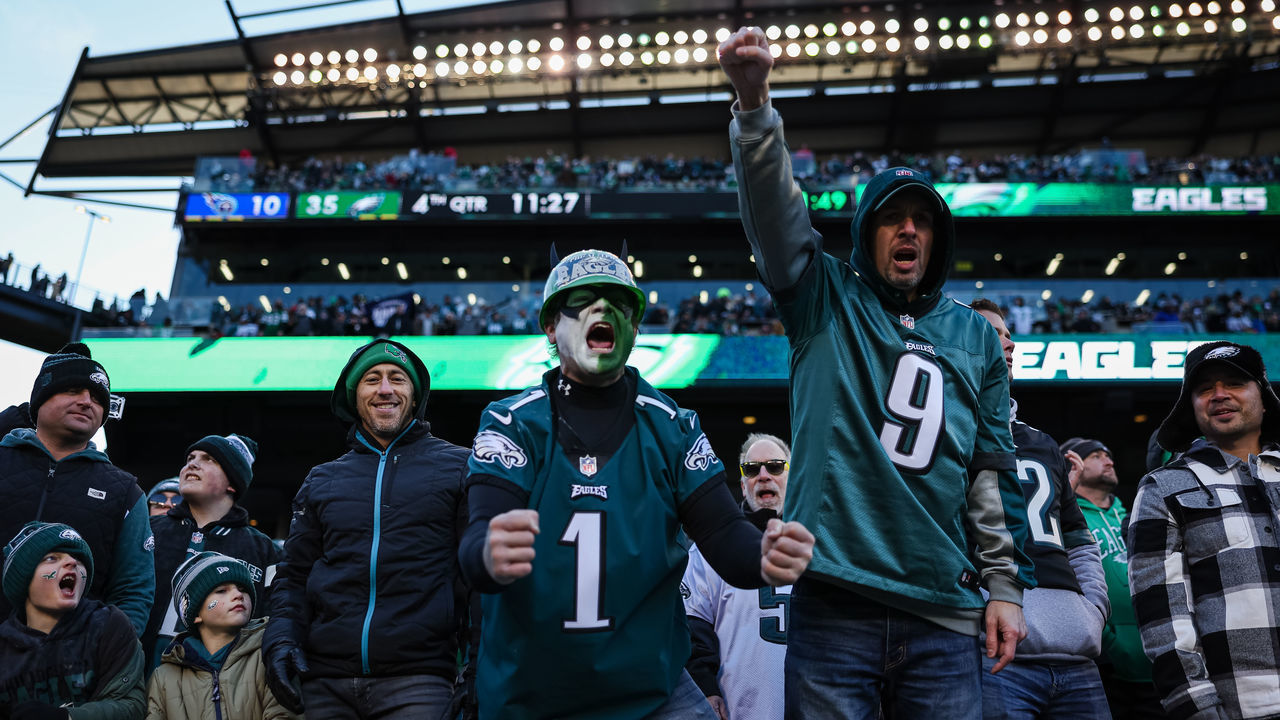 PHILADELPHIA, PA - DECEMBER 04: Philadelphia Eagles fans celebrate after a play during the second half of the game between the Philadelphia Eagles and the Tennessee Titans at Lincoln Financial Field on December 4, 2022 in Philadelphia, Pennsylvania.