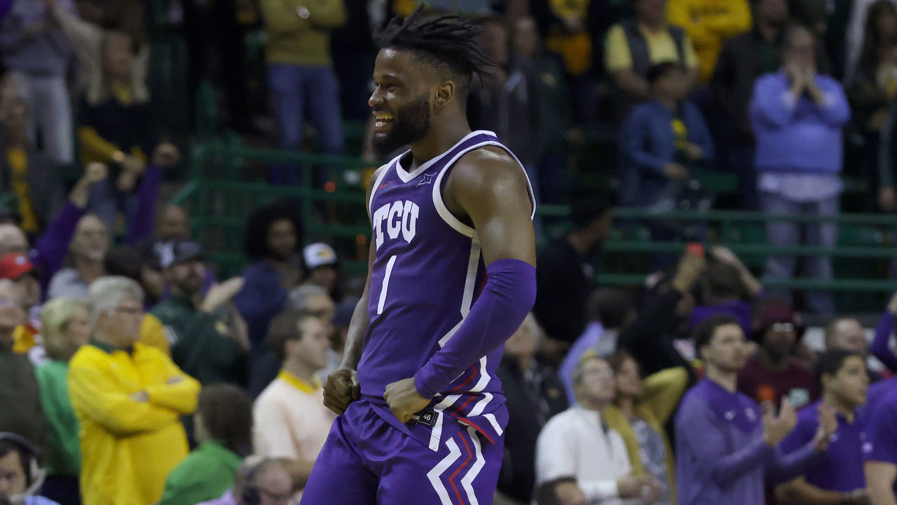 WACO, TEXAS - JANUARY 04: Mike Miles Jr. #1 of the TCU Horned Frogs celebrates as the TCU Horned Frogs take the lead against the Baylor Bears in the final seconds of the second half at Ferrell Center on January 04, 2023 in Waco, Texas.