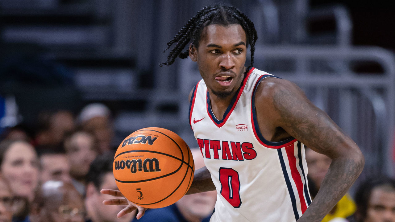 CINCINNATI, OH - DECEMBER 21: Antoine Davis #0 of the Detroit Mercy Titans dribbles during the game against the Cincinnati Bearcats at Fifth Third Arena on December 21, 2022 in Cincinnati, Ohio.