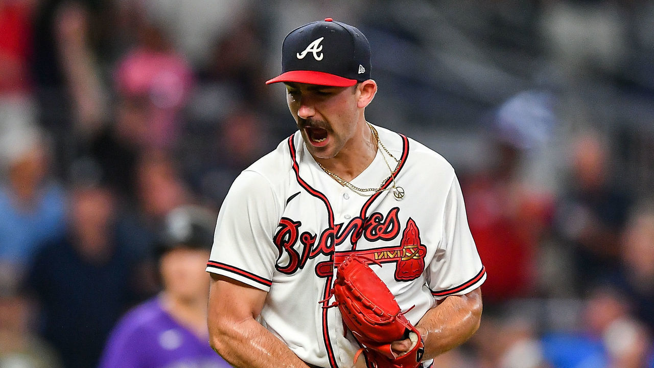 ATLANTA, GA SEPTEMBER 01: Atlanta starting pitcher Spencer Strider (65) reacts after striking out his 16th batter of the night during the MLB game between the Colorado Rockies and the Atlanta Braves on September 1st, 2022 at Truist Park in Atlanta, GA.