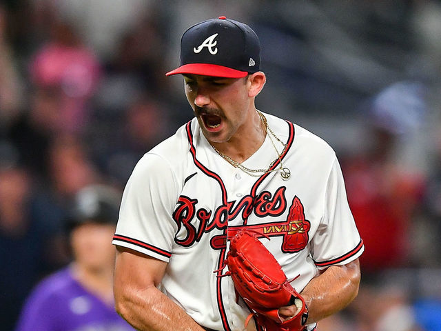 ATLANTA, GA SEPTEMBER 01: Atlanta starting pitcher Spencer Strider (65) reacts after striking out his 16th batter of the night during the MLB game between the Colorado Rockies and the Atlanta Braves on September 1st, 2022 at Truist Park in Atlanta, GA.