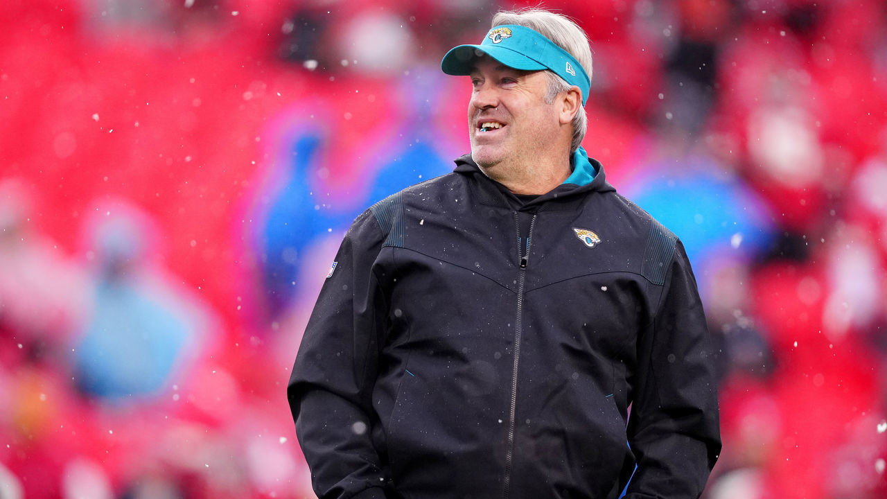 KANSAS CITY, MISSOURI - JANUARY 21: Head coach Doug Pederson of the Jacksonville Jaguars looks on prior to the AFC Divisional Playoff game against the Kansas City Chiefs at Arrowhead Stadium on January 21, 2023 in Kansas City, Missouri.