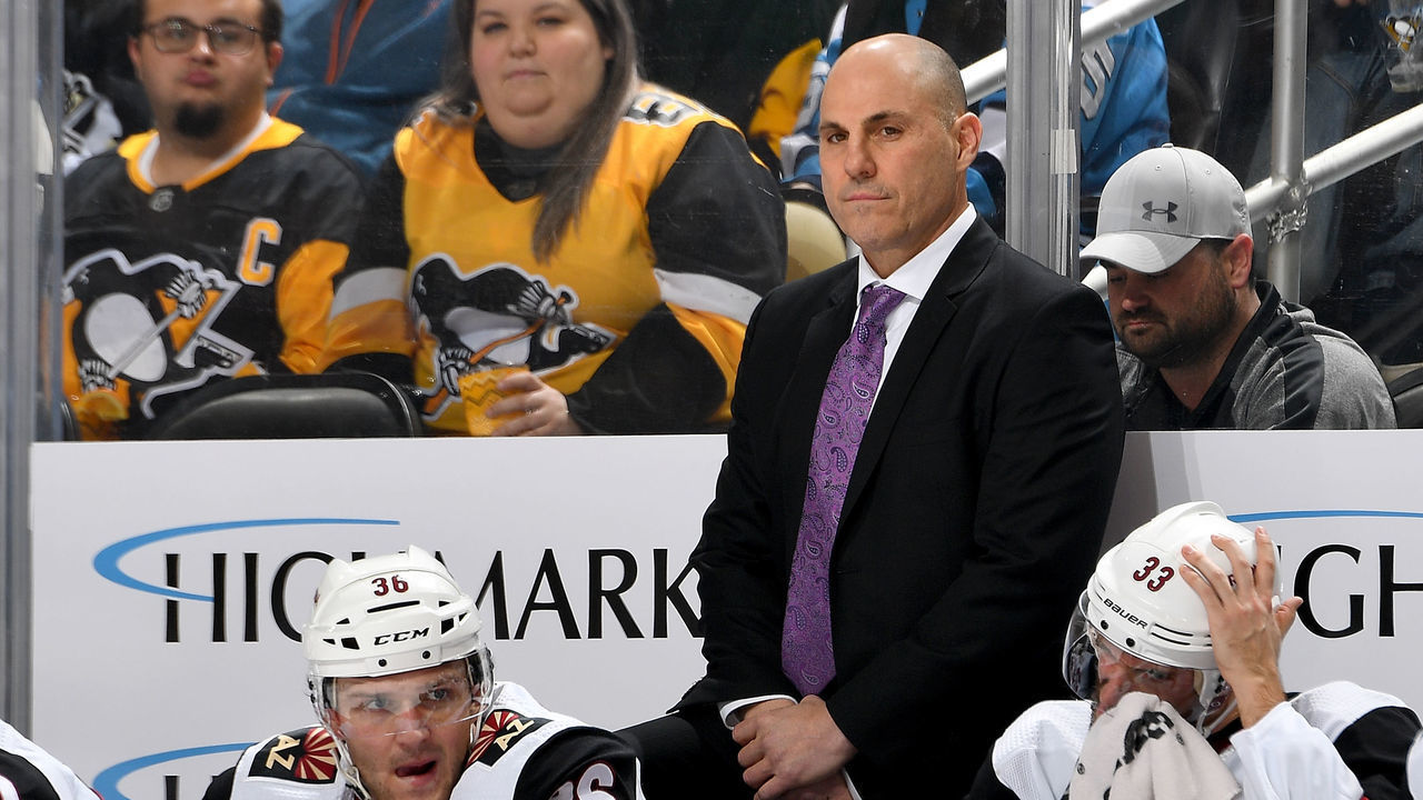 PITTSBURGH, PA - DECEMBER 06: Head coach Rick Tocchet of the Arizona Coyotes looks on against the Pittsburgh Penguins at PPG PAINTS Arena on December 6, 2019 in Pittsburgh, Pennsylvania.