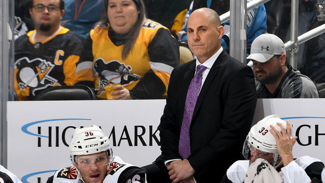 PITTSBURGH, PA - DECEMBER 06: Head coach Rick Tocchet of the Arizona Coyotes looks on against the Pittsburgh Penguins at PPG PAINTS Arena on December 6, 2019 in Pittsburgh, Pennsylvania.