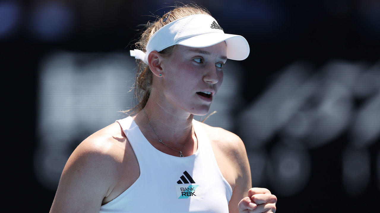 MELBOURNE, AUSTRALIA - JANUARY 22: Elena Rybakina of Kazakhstan reacts during the fourth round singles match against Iga Swiatek of Poland during day seven of the 2023 Australian Open at Melbourne Park on January 22, 2023 in Melbourne, Australia.