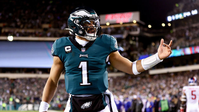 PHILADELPHIA, PENNSYLVANIA - JANUARY 21: Jalen Hurts #1 of the Philadelphia Eagles celebrates after rushing for a touchdown against the New York Giants during the second quarter in the NFC Divisional Playoff game at Lincoln Financial Field on January 21, 2023 in Philadelphia, Pennsylvania.