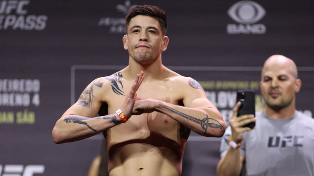 RIO DE JANEIRO, BRAZIL - JANUARY 20: Brandon Moreno of Mexico poses on the scale during the UFC 283 weigh-in at Jeunesse Arena on January 20, 2023 in Rio de Janeiro, Brazil.