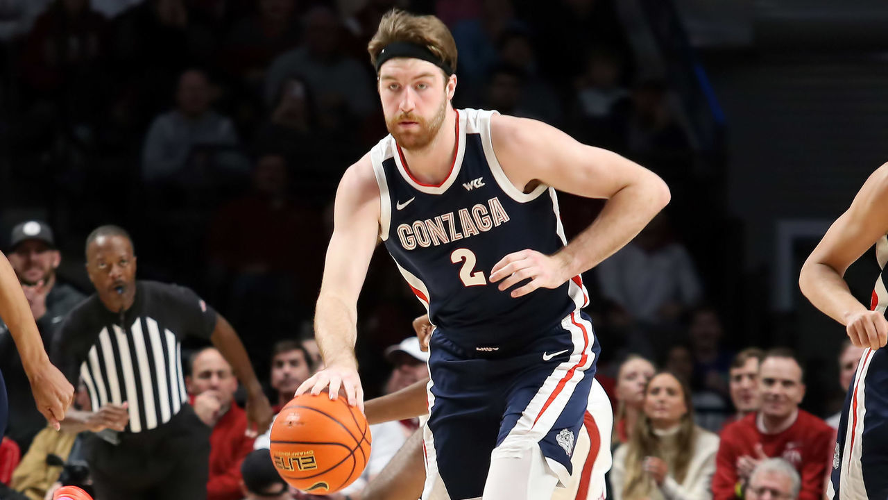 TUSCALOOSA, AL - DECEMBER 17: Gonzaga Bulldogs forward Drew Timme (2) brings the ball up the court during the game between the Alabama Crimson Tide and the Gonzaga Bulldogs on December 17, 2022 at Legacy Arena in Birmingham, Alabama.