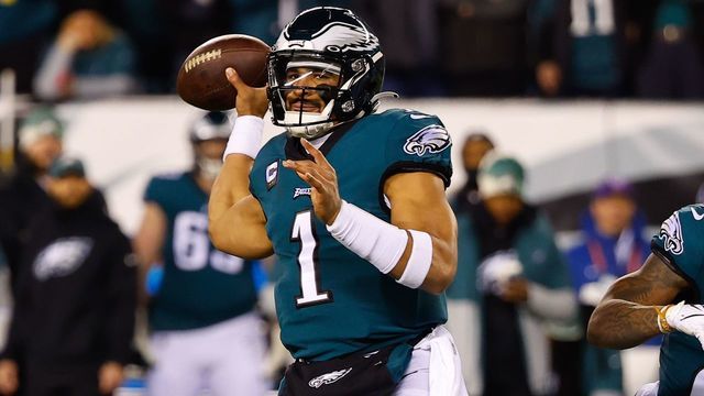 PHILADELPHIA, PA - JANUARY 21: Philadelphia Eagles quarterback Jalen Hurts (1) throws the football during the NFC Divisional playoff game between the Philadelphia Eagles and the New York Giants on January 21, 2023 at Lincoln Financial Field in Philadelphia, Pennsylvania.