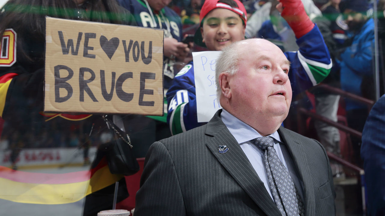 VANCOUVER, CANADA - JANUARY 21: Head coach Bruce Boudreau of the Vancouver Canucks looks on from the bench during their NHL game against the Edmonton Oilers at Rogers Arena January 21, 2023 in Vancouver, British Columbia, Canada.