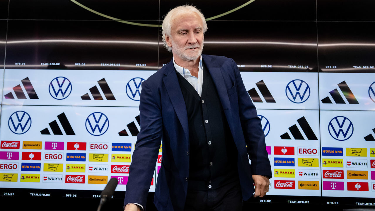 FRANKFURT AM MAIN, GERMANY - JANUARY 20: Sports Director Rudi Voeller of DFB takes a seat prior to a press conference, announcing the new director of the German Men's National football team, at DFB-Campus on January 20, 2023 in Frankfurt am Main, Germany.
