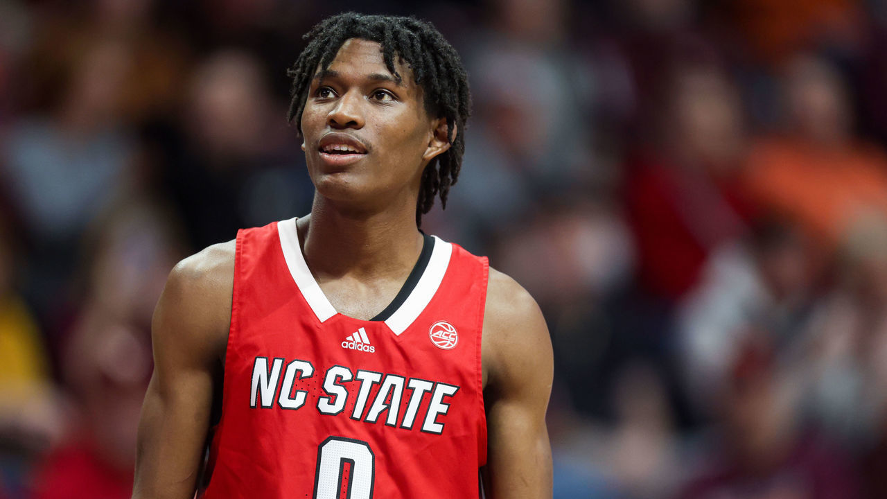 Guard Terquavion Smith #0 of the North Carolina State Wolfpack in the second half during a game against the Virginia Tech Hokies at Cassell Coliseum on January 07, 2023 in Blacksburg, Virginia.